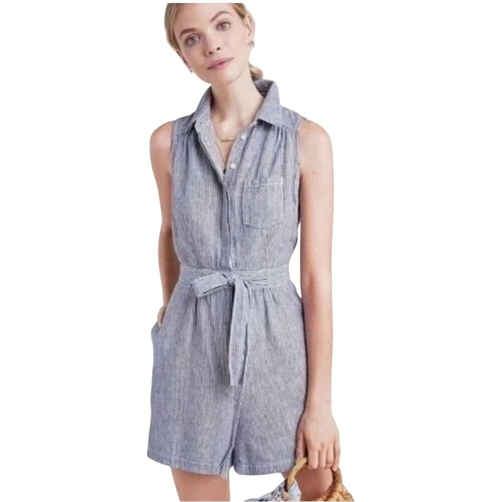 By 1 Anthropologie Linen Blend Striped Railroad Romper Size 0 Pockets Sleeveless